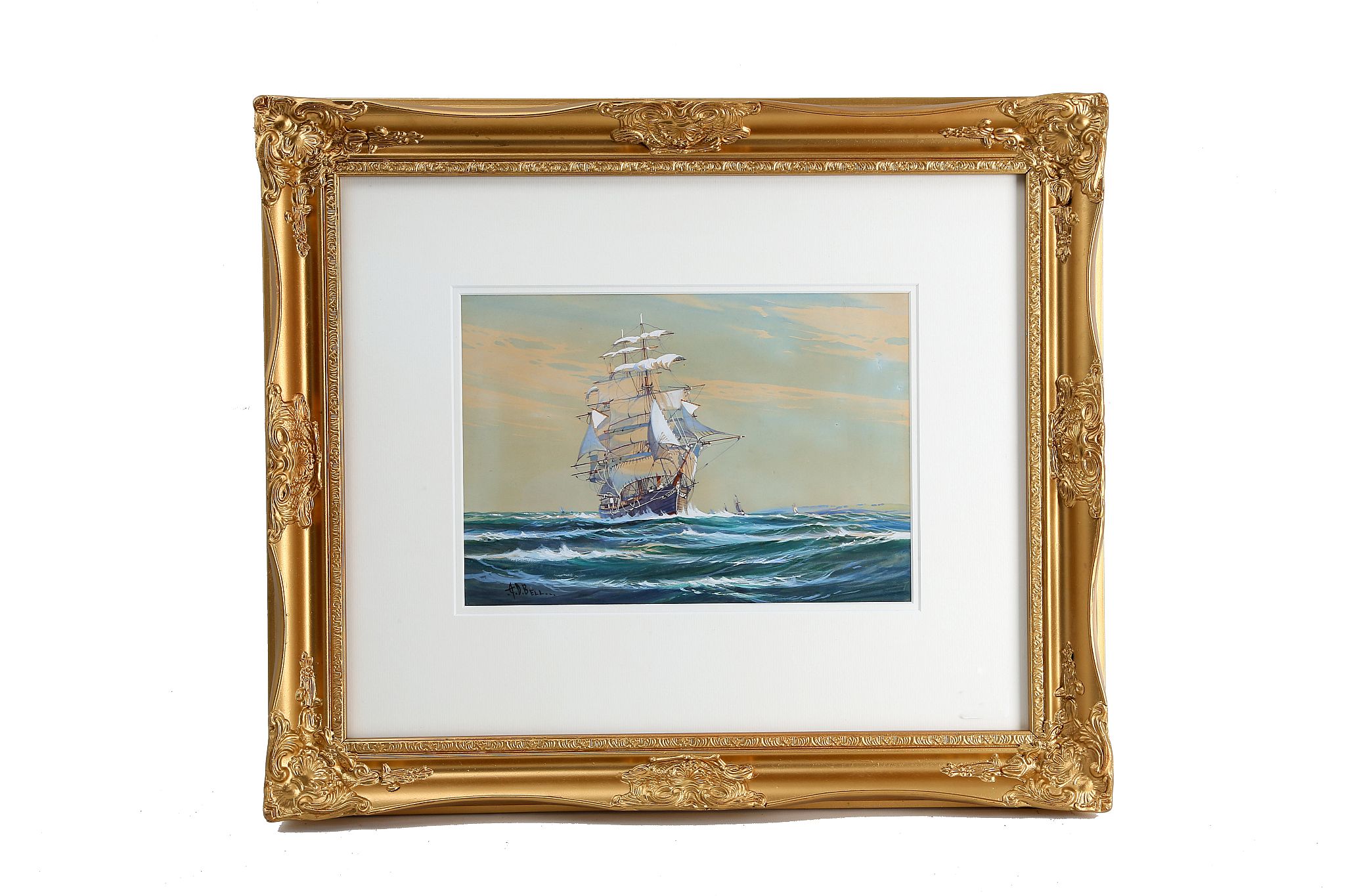 A.D.Bell. An English school marine watercolour of a clipper in full sail. Picture size 24.5 by 35.