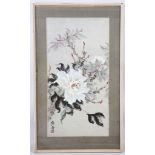 A Chinese ink painting of flowering peonies. Framed and glazed. 65 x 35cm.