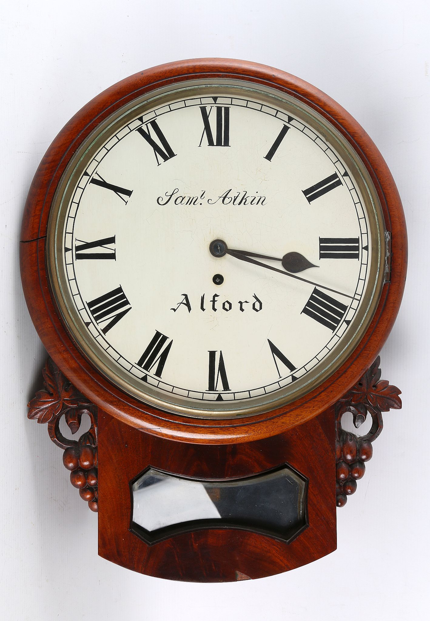 Victorian mahogany drop dial wall timepiece marked "Samuel Atkin, Alford", the single fusee movement
