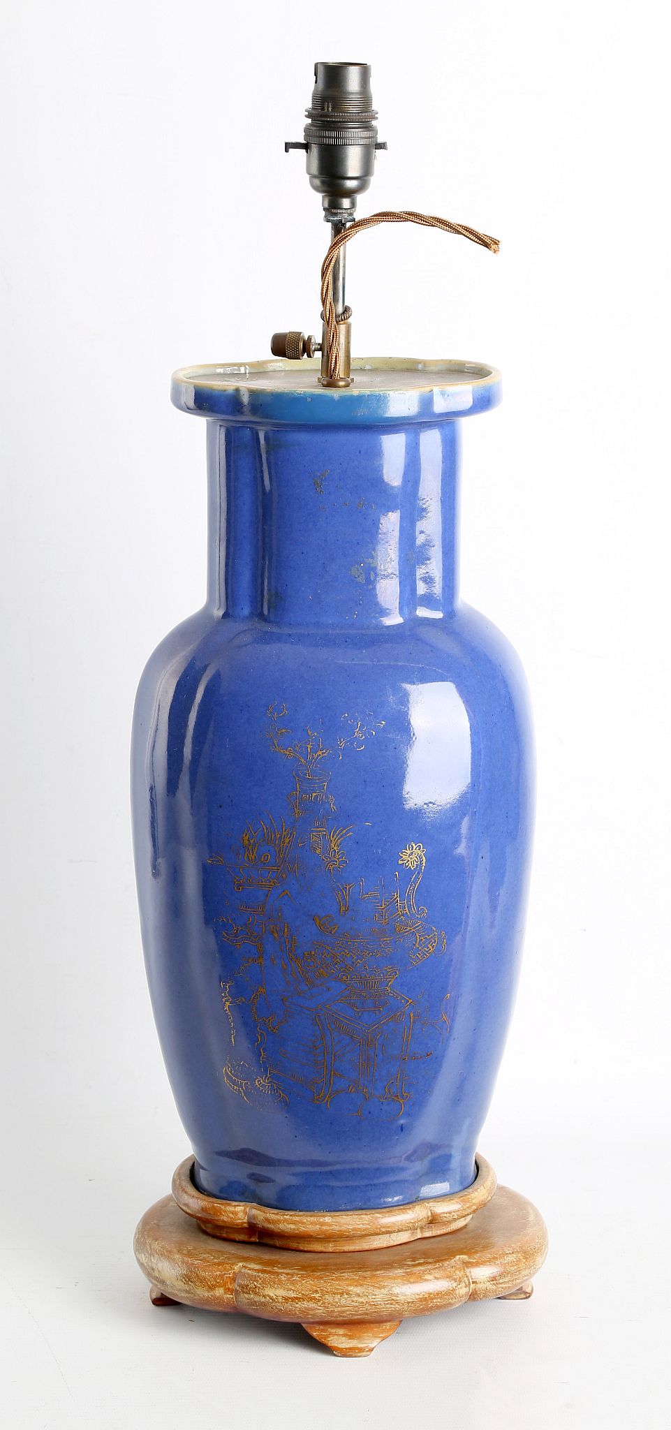 A Chinese gilt-decorated powder blue vase, decorated with treasures on one side, and Shoulau on