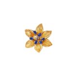 A pair of sapphire and diamond flower brooches, 1974 Each 18 carat yellow gold textured