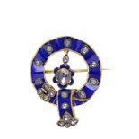 A mid 19th century enamel and diamond garter brooch Designed as an undulating wreath of royal blue