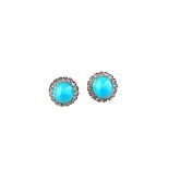 A pair of turquoise and diamond cluster earstuds Each circular sugarloaf turquoise, within a