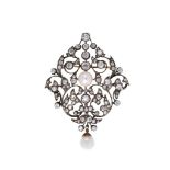 A cultured pearl and diamond brooch Of openwork scrolling form with foliate motifs, set throughout