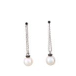A pair of cultured pearl and gem-set earrings Each 12.0-12.2mm cultured pearl, capped by synthetic