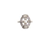 A pearl and diamond dress ring Of openwork design, the frame of rose-cut and cushion-shaped