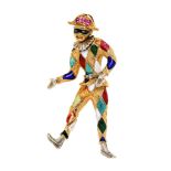 A mid 20th century enamel and ruby jester brooch Dressed in polychrome enamel harlequin attire,