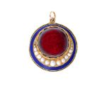 A garnet, enamel and pearl pendant, circa 1870 The circular cabochon garnet, accented by a graduated
