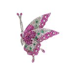 A multi-gem set butterfly brooch and earclip suite Realistically modelled, the wings set en