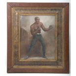 An oil painting portrait of American boxer John 'Jack' Johnson, b.1878 d.1946, 23.5 x 19cm.