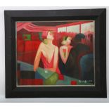 A framed oil painting of an Art Deco lady taking an aperitif, 47cm x 56cm