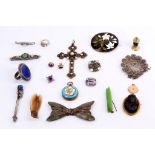 A collection of jewellery, Including a purple paste cameo, a paste, enamel and half pearl cross