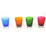 Four Baccarat glass tumblers, in blue, orange, green and red, all boxed as new with original