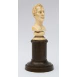 A 19th Century carved ivory portrait bust of the Duke of Wellington, raised on a bronze plinth base,