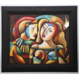 A studio framed oil painting portrait of masquerade figures, 50 x 48cm.