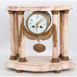 An early 20th century French pink marble and brass mantle clock, with Japy Frères Movement, circa