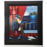 A studio framed oil painting of a provocative Art Deco lady in a night bar, 59 x 48cm.