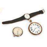 A vintage silver cased wristwatch, a silver open face pocket watch and a travel clock (loose) (3).