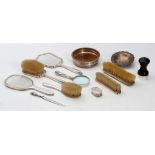 A mixed group of antique Sterling silver dressing table items, two clothes brushes, two hair