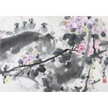 A Chinese painting depicting four birds resting on a tree branch among flowers, ink and colour on