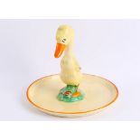 AMENDED - Clarice Cliff Bizarre ware duck egg cruet tray with central duck handle painted in