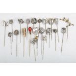 An assortment of silver and white metal Tie pins, one Birmingham 1915 various designs including