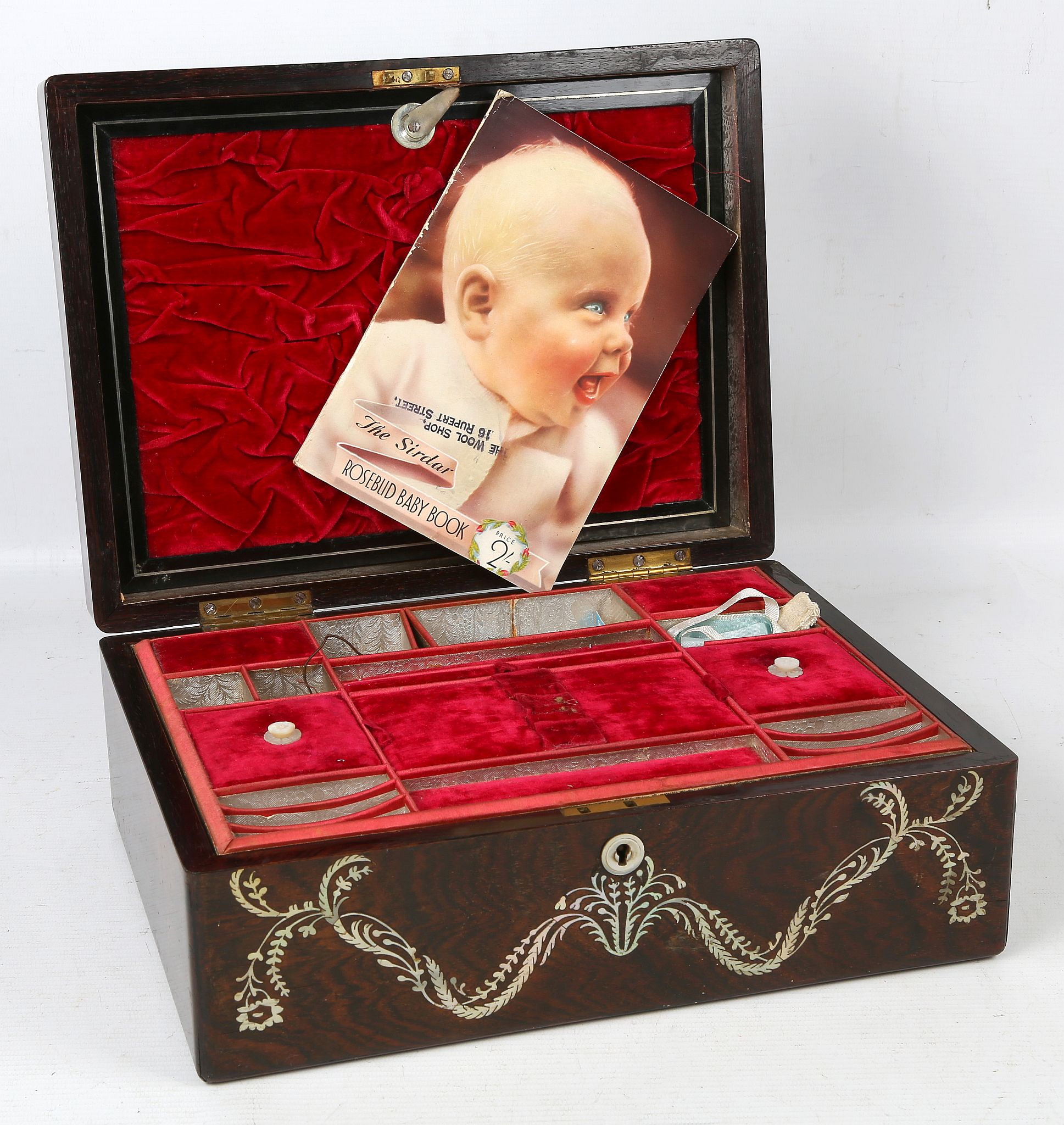 A good Victorian rosewood ladies sewing box and cover, veneered in mother of pearl with scrolling - Image 2 of 2