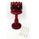 A late 19th / early 20th Century, Bohemian ruby glass lustre with enamel decoration, complete with