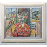 A framed oil painting still life of flowers in a vase on a table, 51cm x 60cm