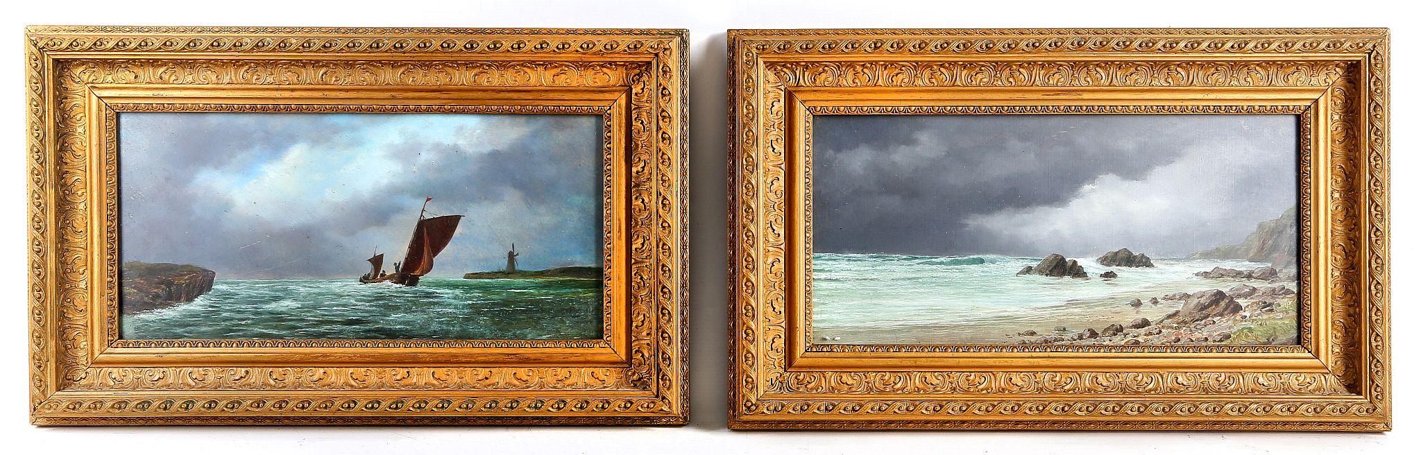 A pair of late Victorian seascape view with sailing boat and windmill views in 'Summer Time'