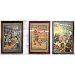 Three early 20th Century coloured lithographic posters, all framed, each roughly 75 x 48cm.