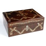 A good Victorian rosewood ladies sewing box and cover, veneered in mother of pearl with scrolling