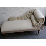 Victorian style small chaise longue upholstered in natural fabric, 130 cms L