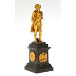 A 19th Century gilt bronze figure of Napoleon Bonaparte, raised on a bronze plinth base with applied