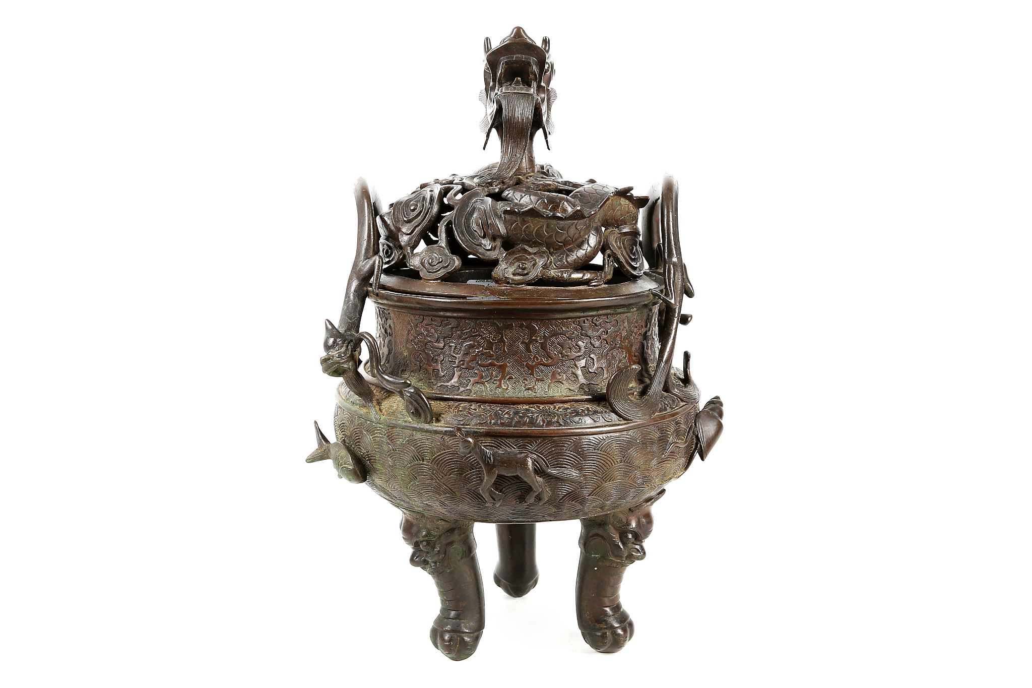 A 19th Century Chinese cast bronze incense burner, having pierced lid with dragon head finial, the