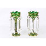 A pair of late 19th Century Bohemian green gilded table lustres, with good quality prism drops on