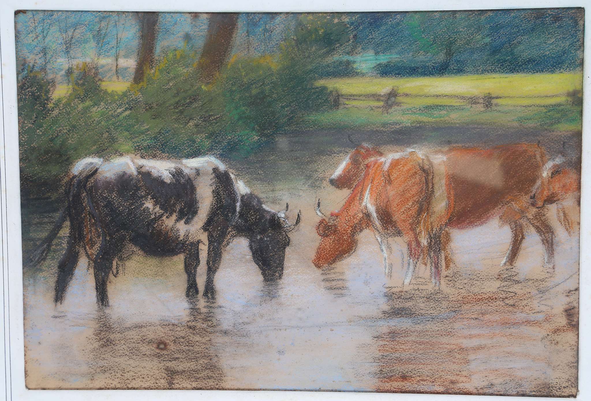 John Robert Keitley Duff R.I. R.E., 1862-1938. 'Cattle Take Water in a Stream'. Pastel on buff. - Image 2 of 4