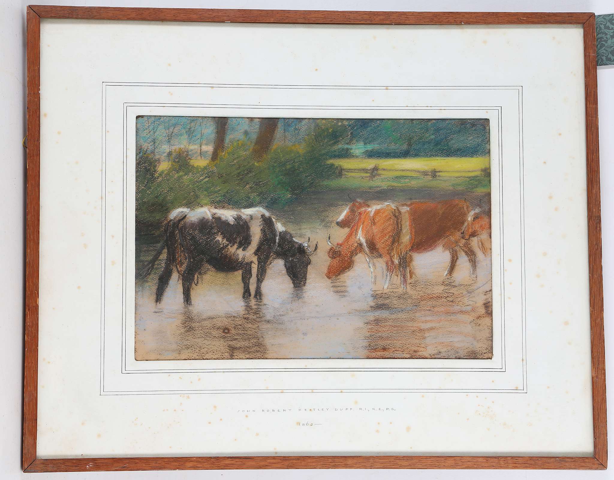 John Robert Keitley Duff R.I. R.E., 1862-1938. 'Cattle Take Water in a Stream'. Pastel on buff.