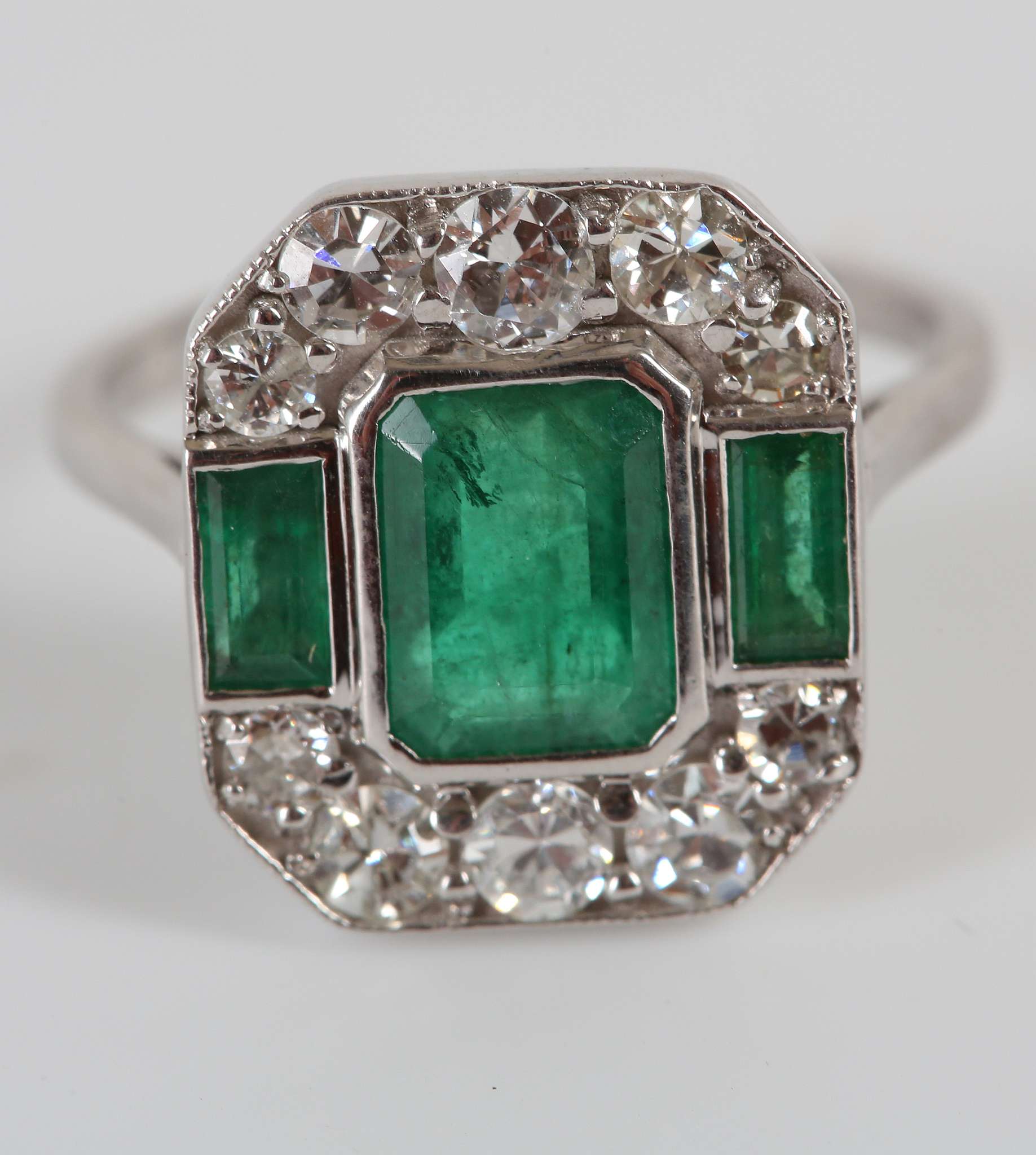 An Art Deco style 18ct white gold, emerald and diamond ring, of octagonal plaque form. - Image 2 of 2