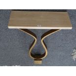 Contemporary bronzed metal console table with reconstituted marble top on open vase shaped support