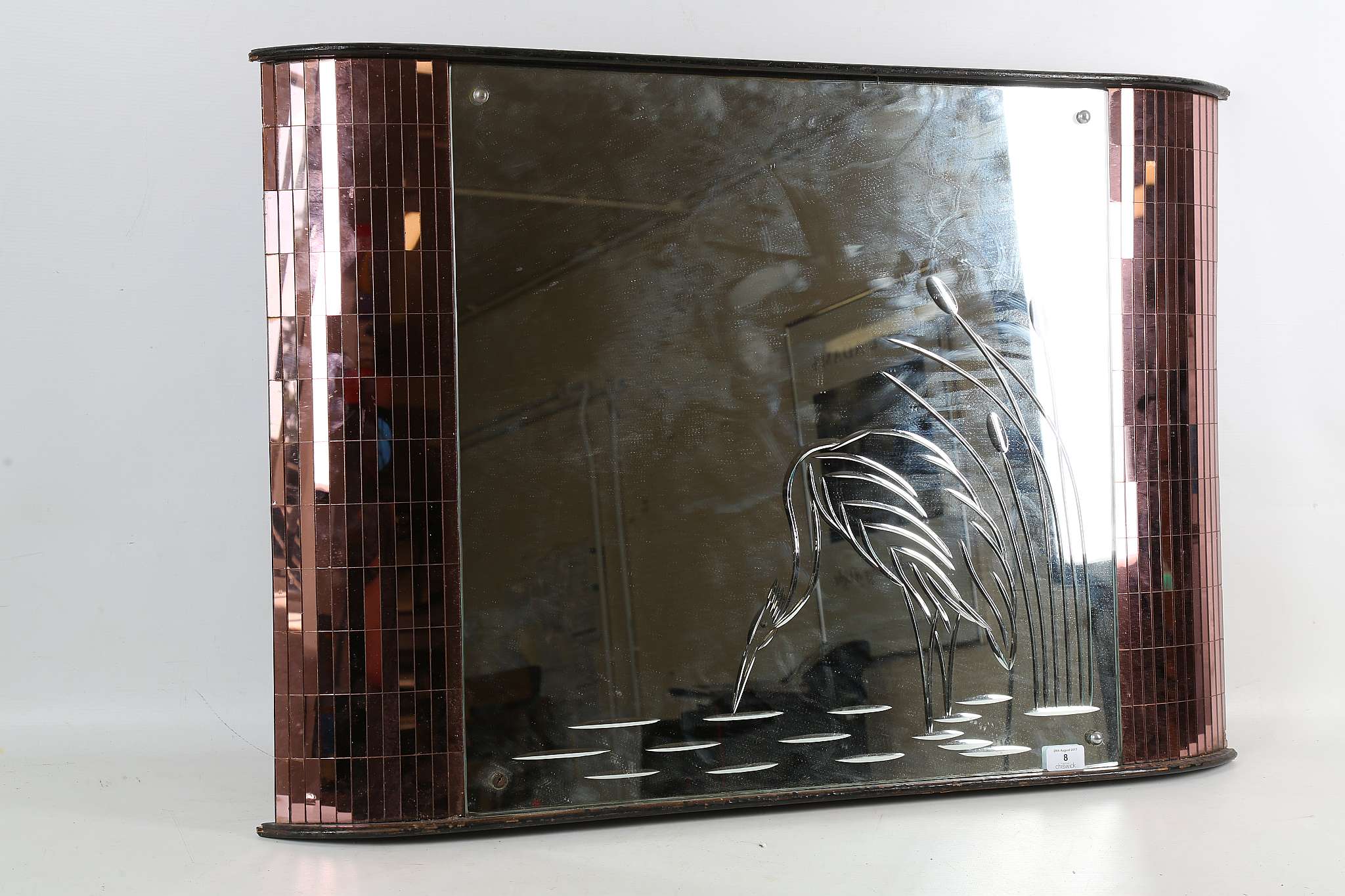 An Art Deco style three section wall mirror, the central plate engraved with a heron, flanked by - Image 6 of 6