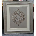 A modern Arabesque design tapestry panel, in silvered frame. 60 x 30cm.