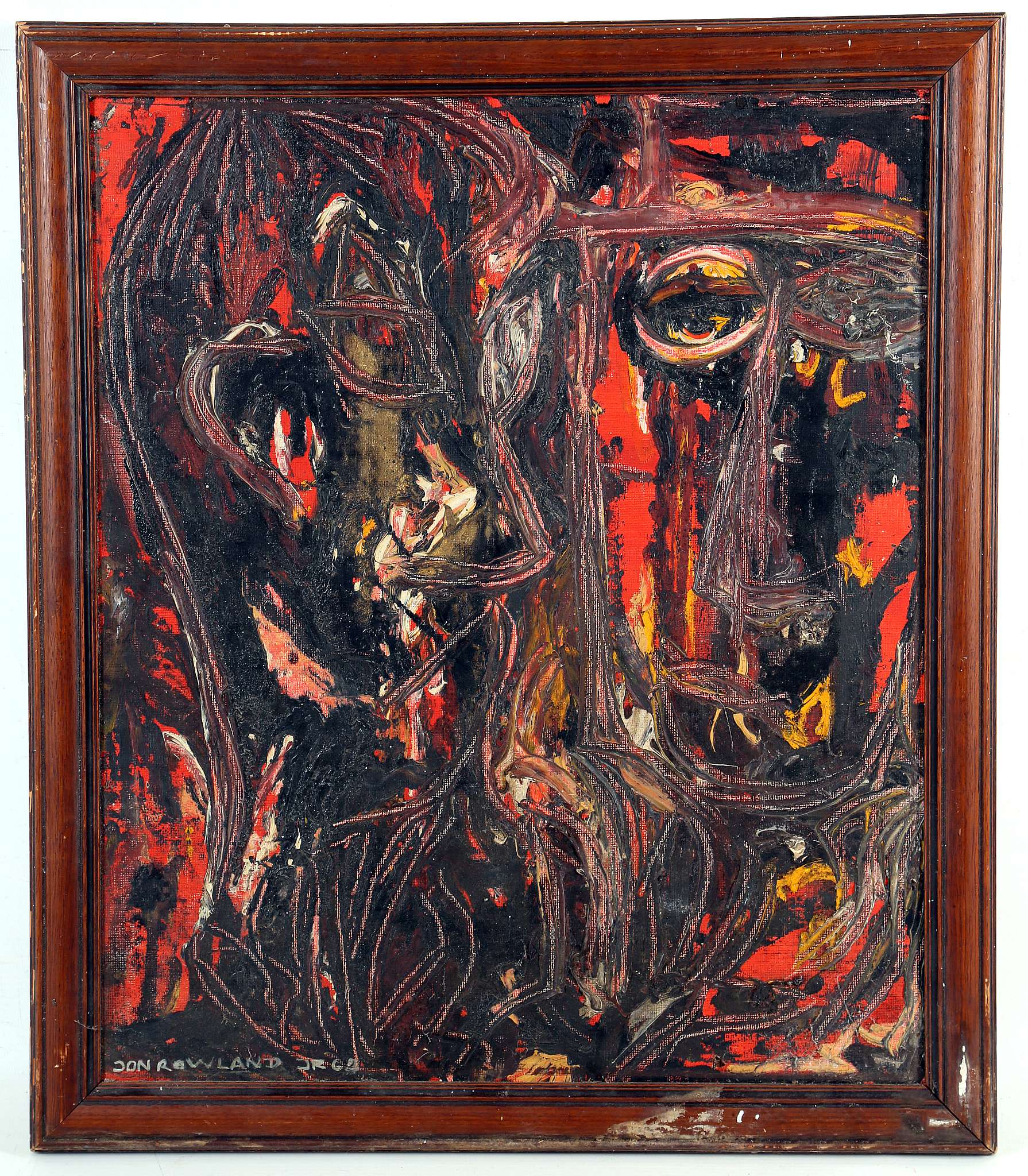 Jon Rowland (20th Century), untitled, 1964, abstract oil laid to board, study of two male heads,