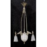 AN ART NOUVEAU CHANDELIER, MANUFACTURED BY GILLES, with silvered cast frame, central glass bowl