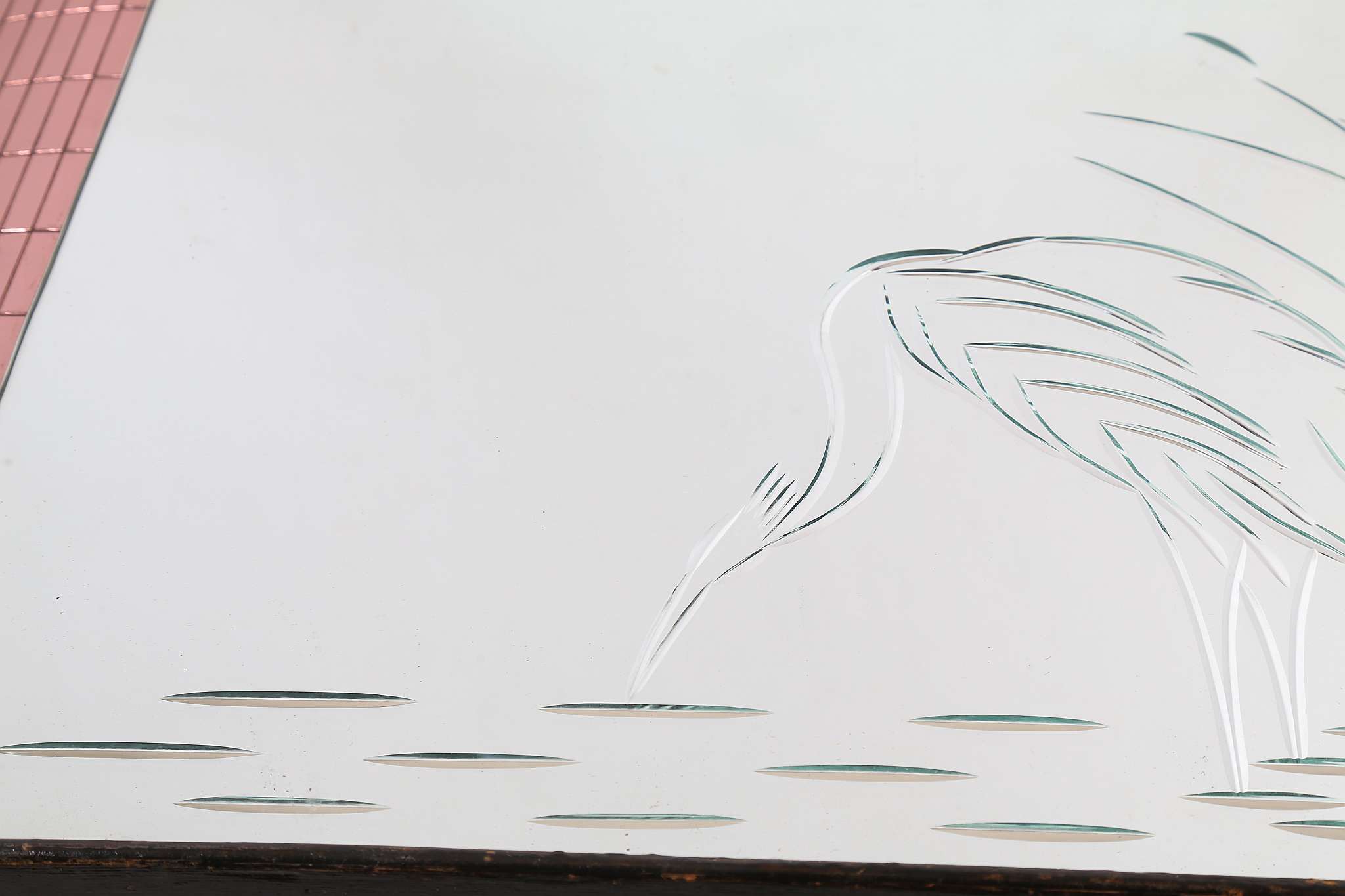 An Art Deco style three section wall mirror, the central plate engraved with a heron, flanked by - Image 2 of 6