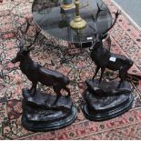 After Moigniez, a pair of bronze stages, modelled standing on rocky outcrops, each on