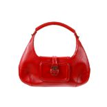 Jimmy Choo red leather Harp bag, textured red leather with gold tone hardware, 37cm wide, 18cm high