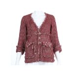 Chanel burgundy ribbon jacket, boucle and burgundy and green plaid ribbon with unfinished edging,