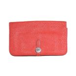 Hermes red Dogon GM wallet, Palladium hardware, 12cm wide, 20cm high, with dust bag