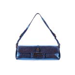 Jimmy Choo blue metallic leather Cosmo evening bag, gold tone hardware, 25cm wide, 8cm high